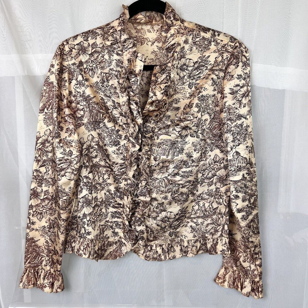 vintage satin button down blouse ruffle trim victorian garden floral pattern sm